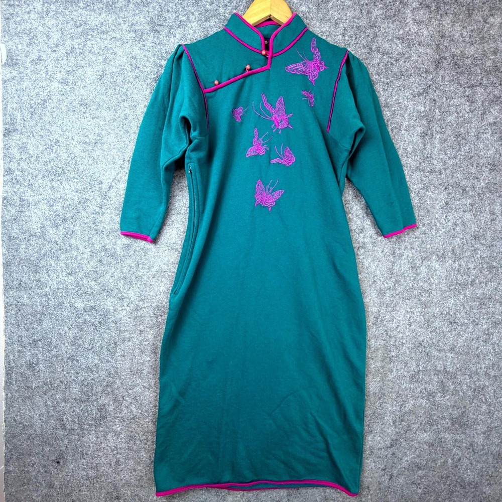 Vintage Jenny Lewis Cheongsam House Dress Womens‎ 3 Teal Green Butterfly Robe